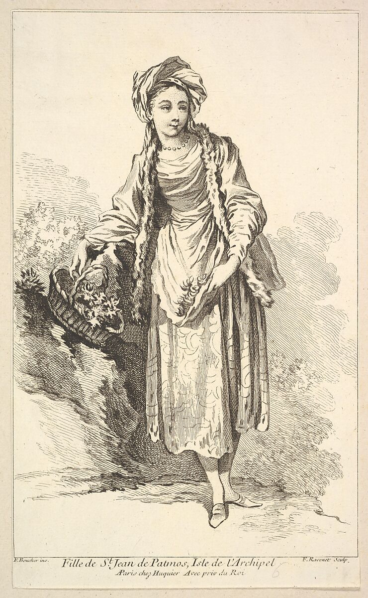 Fille de St. Jean de Patmos, Isle de l'Archipel, plate 6 from "Recueil de diverses fig.res étrangeres Inventées par F. Boucher P.tre du Roy et Gravées par F. Ravenet" (Collection of Various Foreign Figures, Devised by F. Boucher, Painter of the King and Engraved [etched] by F. Ravenet), Simon Francis Ravenet, the elder (French, Paris 1706–1774 London), Etching and engraving 