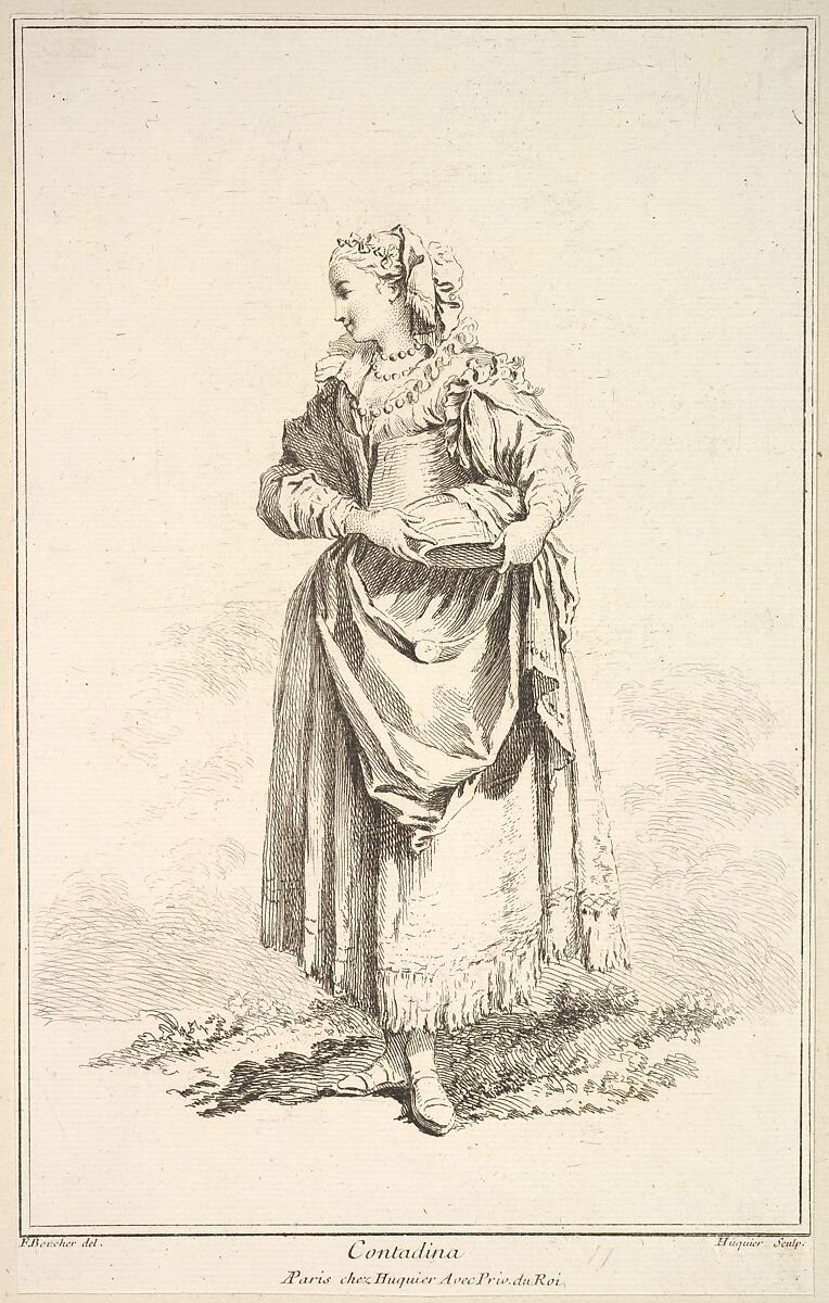 Contadina, plate 7 from "Recueil de diverses fig.res étrangeres Inventées par F. Boucher P.tre du Roy et Gravées par F. Ravenet" (Collection of Various Foreign Figures, Devised by F. Boucher, Painter of the King and Engraved [etched] by F. Ravenet), Gabriel Huquier (French, Orléans 1695–1772 Paris), Etching and engraving 