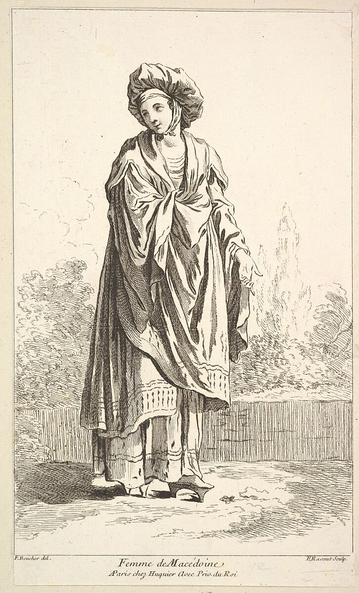 Femme de Macédoine, plate 12 from "Recueil de diverses fig.res étrangeres Inventées par F. Boucher P.tre du Roy et Gravées par F. Ravenet" (Collection of Various Foreign Figures, Devised by F. Boucher, Painter of the King and Engraved [etched] by F. Ravenet), Simon Francis Ravenet, the elder (French, Paris 1706–1774 London), Etching and engraving 