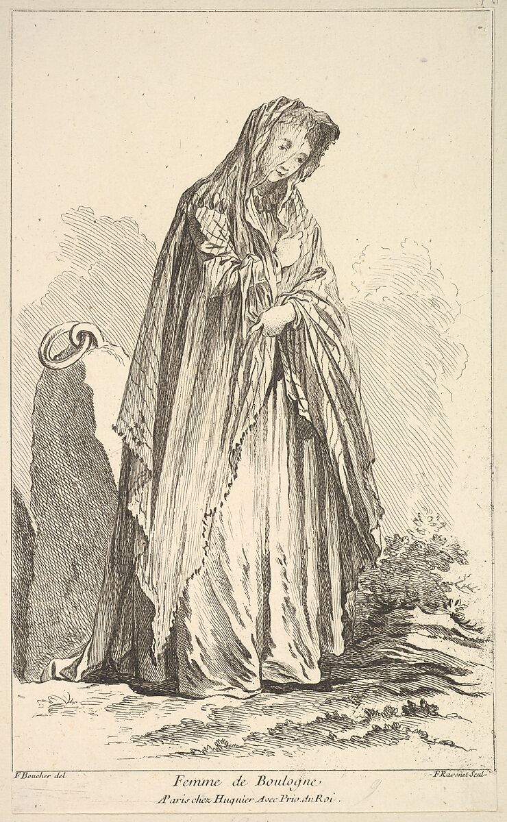 Femme de Boulogne, plate 9 from "Recueil de diverses fig.res étrangeres Inventées par F. Boucher P.tre du Roy et Gravées par F. Ravenet" (Collection of Various Foreign Figures, Devised by F. Boucher, Painter of the King and Engraved [etched] by F. Ravenet), Simon Francis Ravenet, the elder (French, Paris 1706–1774 London), Etching and engraving 