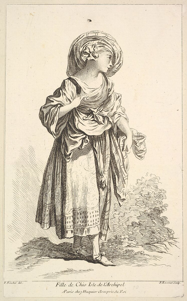 Fille de Cio isle de l'Archipel, plate 10 from "Recueil de diverses fig.res étrangeres Inventées par F. Boucher P.tre du Roy et Gravées par F. Ravenet" (Collection of Various Foreign Figures, Devised by F. Boucher, Painter of the King and Engraved [etched] by F. Ravenet), Simon Francis Ravenet, the elder (French, Paris 1706–1774 London), Etching and engraving 