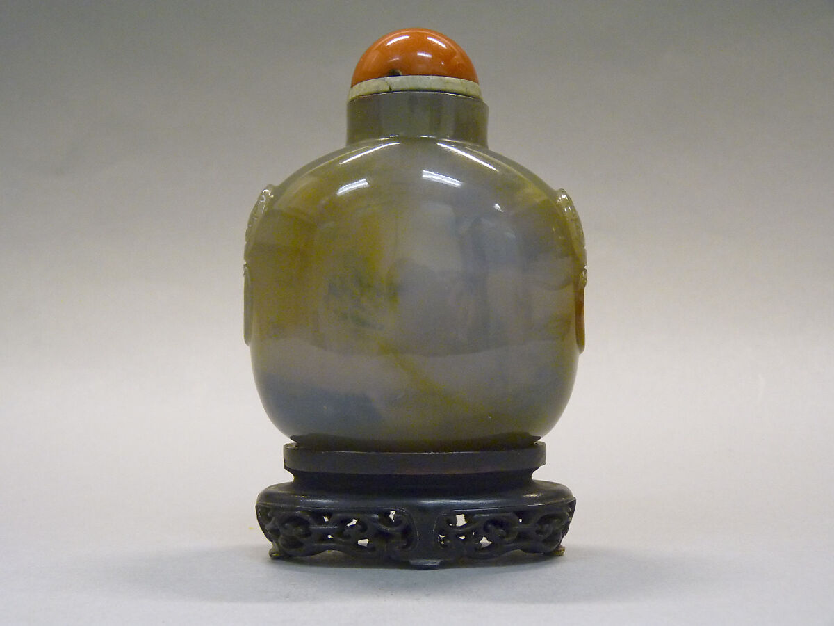 Snuff Bottle, Blue agate with red glass stopper, China 