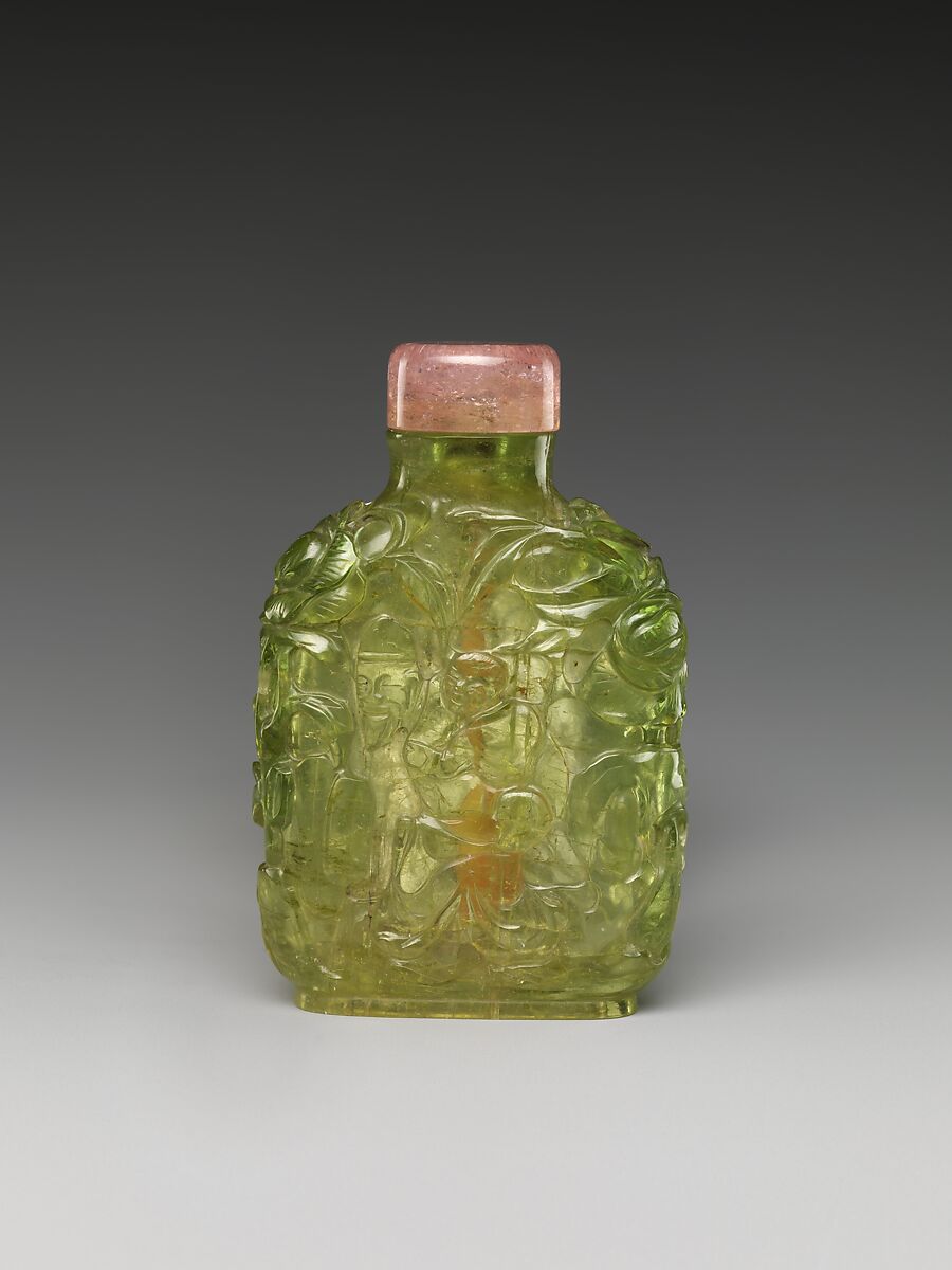 Snuff Bottle with Old Man Carrying a Boy, Green tourmaline with pink tourmaline stopper, China 