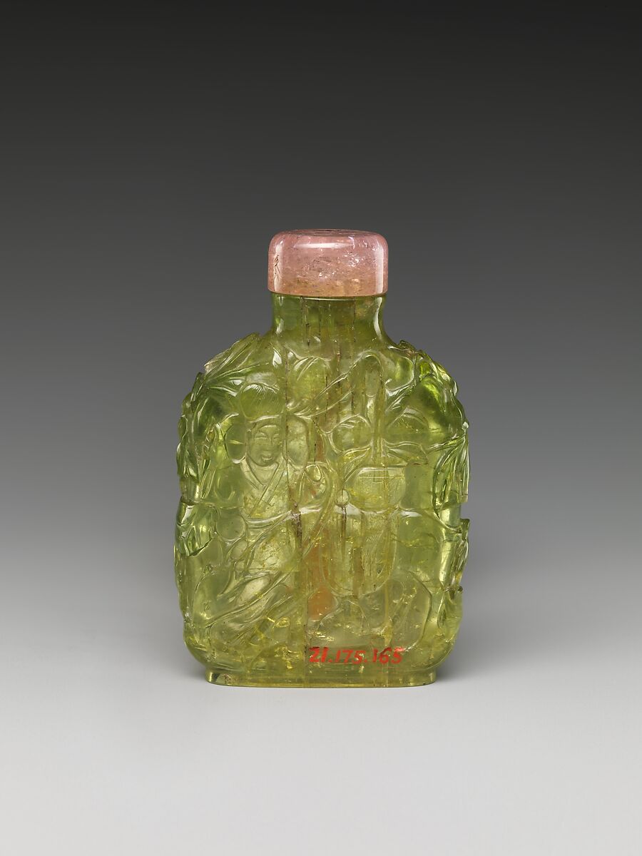 Snuff Bottle with Old Man Carrying a Boy, Green tourmaline with pink tourmaline stopper, China