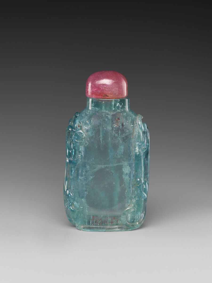 Snuff Bottle with Floral Design, Aquamarine with rose quartz stopper, China 