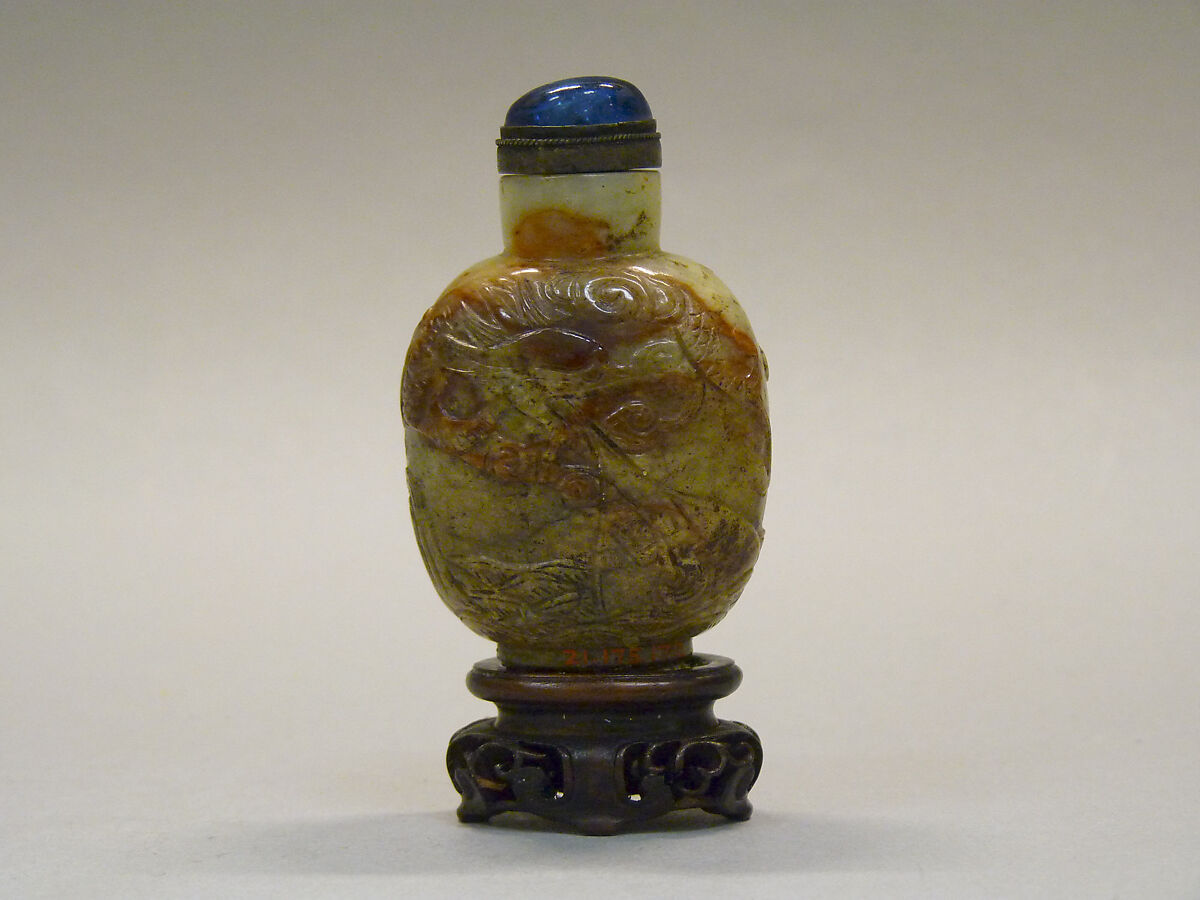 Snuff Bottle, Brown and yellow nephrite with blue glass stopper, China 