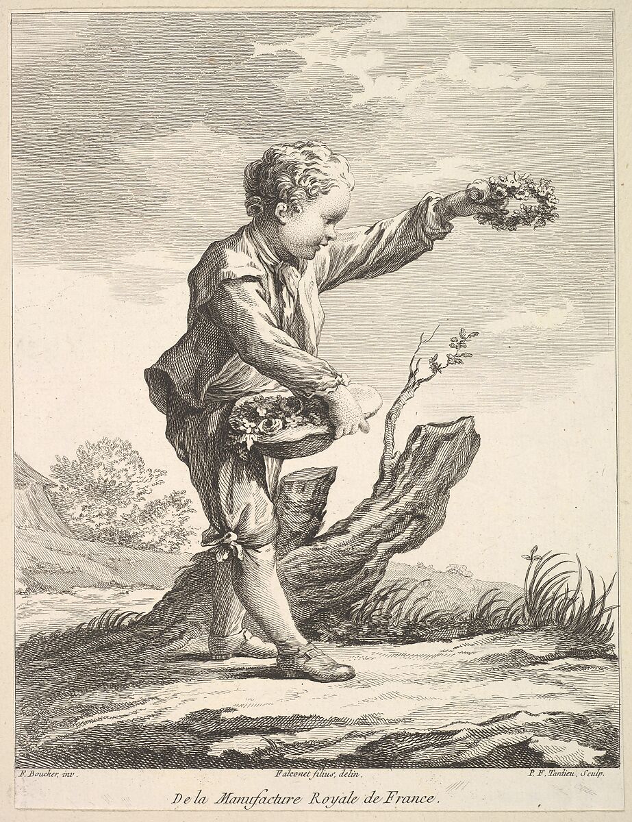 Little boy holding a wreath and basket of flowers, from Deuxième Livre de Figures d'après les porcelaines de la Manufacture Royale de France (Second Book of Figures after porcelains from the Manufacture Royale de France), Pierre François Tardieu (French, Paris 1711–1771 Paris), Etching and engraving 