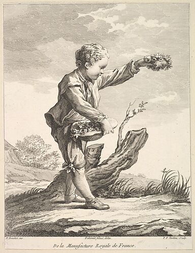 Little boy holding a wreath and basket of flowers, from Deuxième Livre de Figures d'après les porcelaines de la Manufacture Royale de France (Second Book of Figures after porcelains from the Manufacture Royale de France)