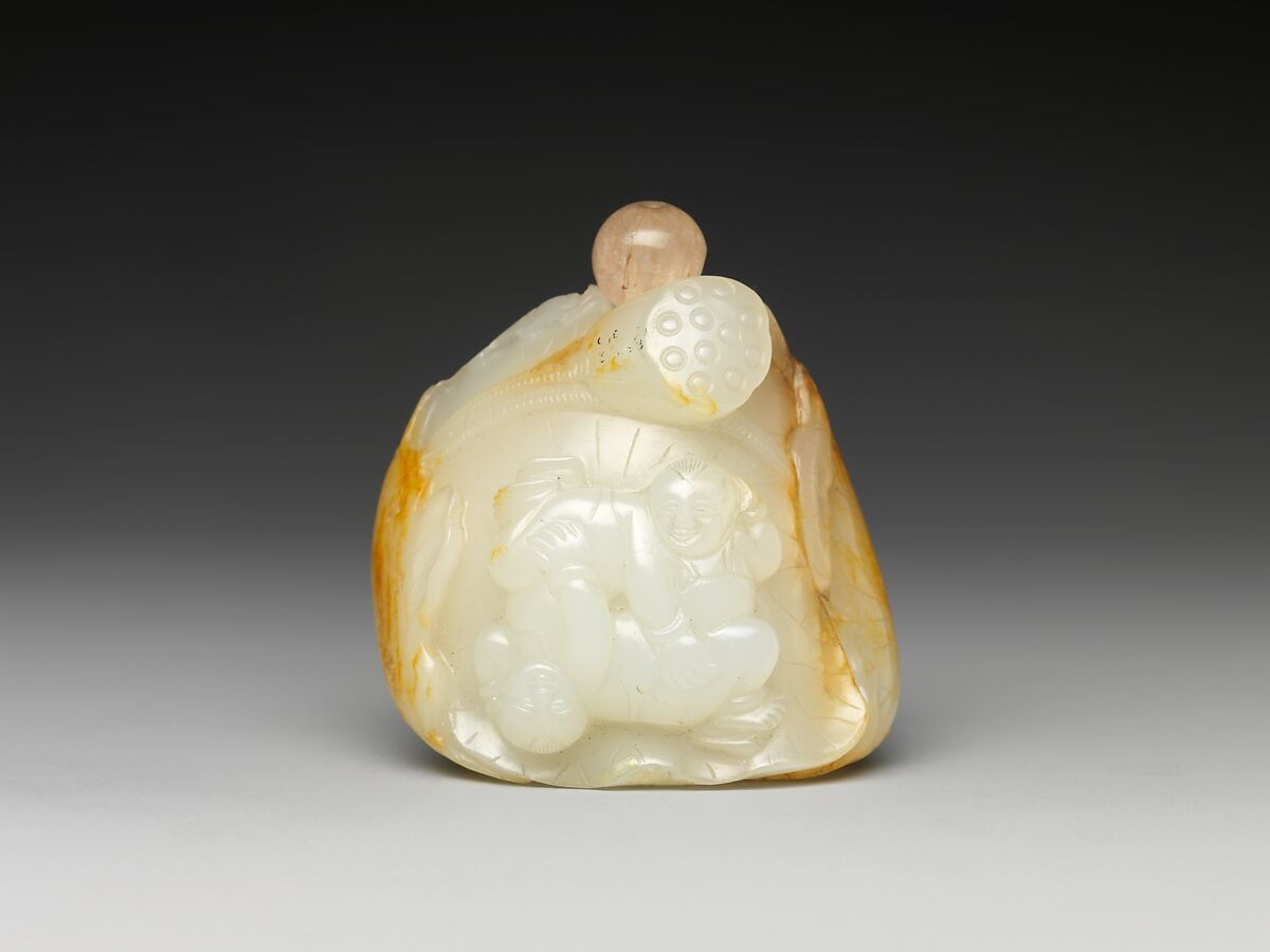 Snuff Bottle with Two Boys and Lotus, Nephrite (jade), China 