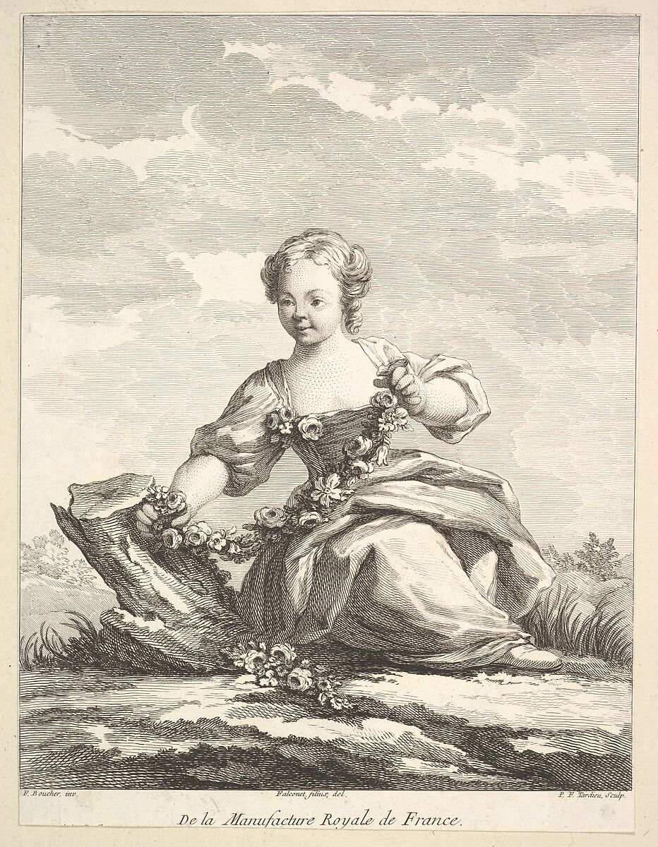 Little girl holding a garland of flowers, from Deuxième Livre de Figures d'après les porcelaines de la Manufacture Royale de France (Second Book of Figures after porcelains from the Manufacture Royale de France), Pierre François Tardieu (French, Paris 1711–1771 Paris), Etching and engraving 