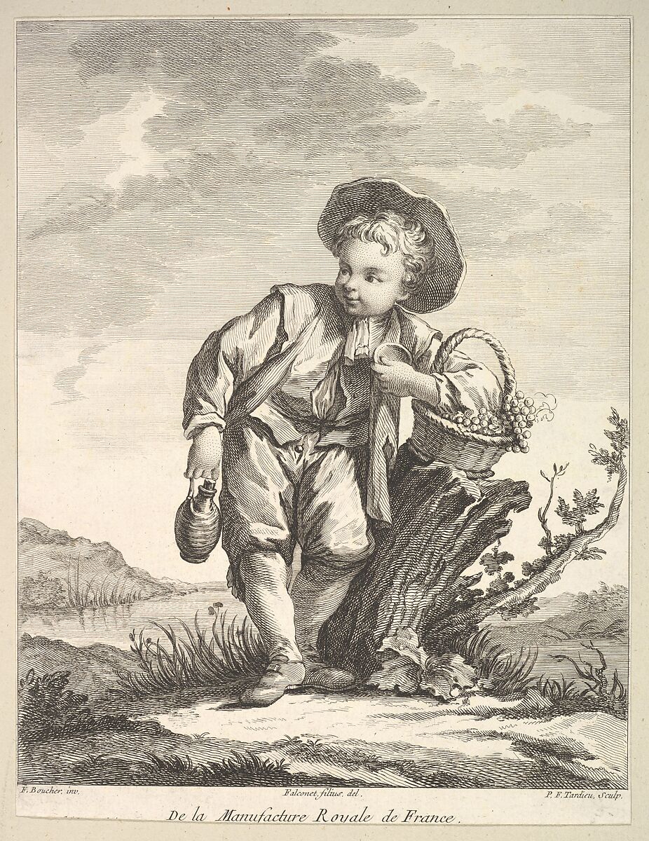 Little boy holding a basket of grapes, from Deuxième Livre de Figures d'après les porcelaines de la Manufacture Royale de France (Second Book of Figures after porcelains from the Manufacture Royale de France), Pierre François Tardieu (French, Paris 1711–1771 Paris), Etching and engraving 