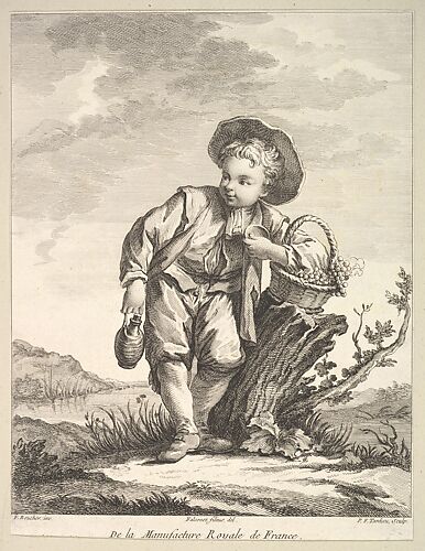 Little boy holding a basket of grapes, from Deuxième Livre de Figures d'après les porcelaines de la Manufacture Royale de France (Second Book of Figures after porcelains from the Manufacture Royale de France)