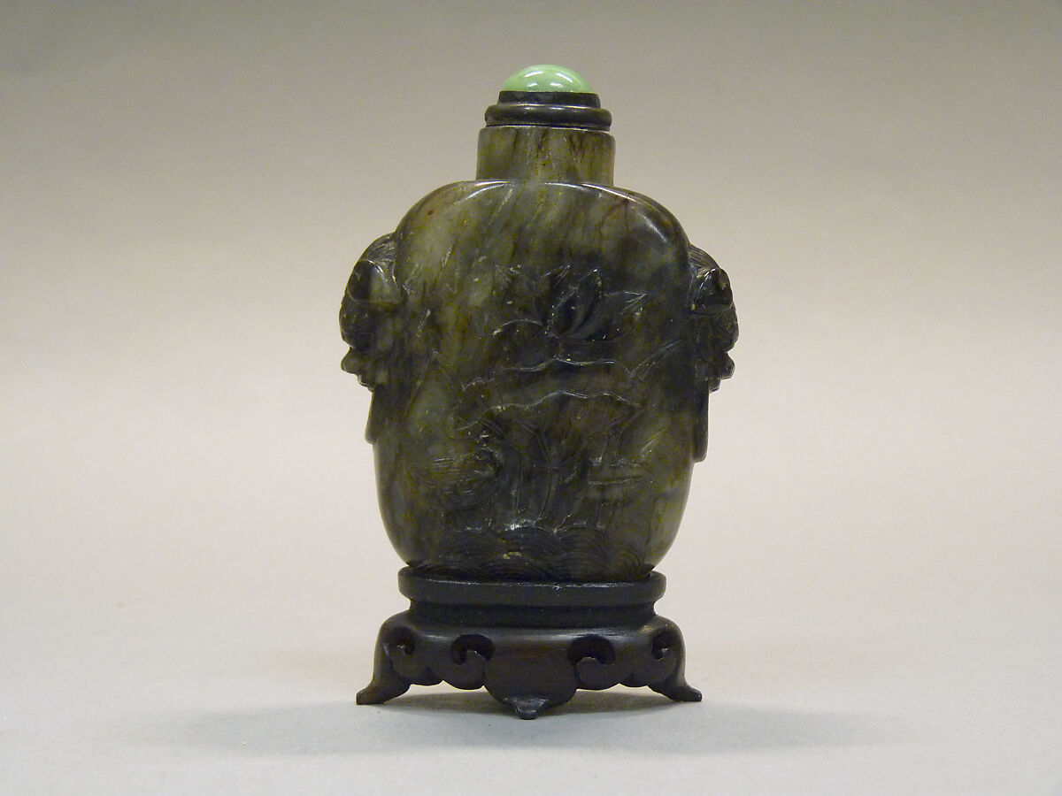 Snuff Bottle, Black and gray nephrite with green jadeite stopper, China 