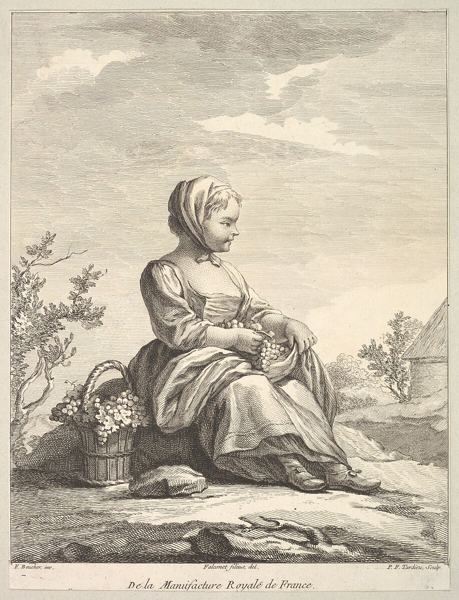 Little girl holding grapes with a basket of them by her side, from Deuxième Livre de Figures d'après les porcelaines de la Manufacture Royale de France (Second Book of Figures after porcelains from the Manufacture Royale de France), Pierre François Tardieu (French, Paris 1711–1771 Paris), Etching and engraving 