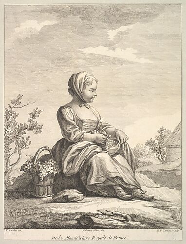 Little girl holding grapes with a basket of them by her side, from Deuxième Livre de Figures d'après les porcelaines de la Manufacture Royale de France (Second Book of Figures after porcelains from the Manufacture Royale de France)