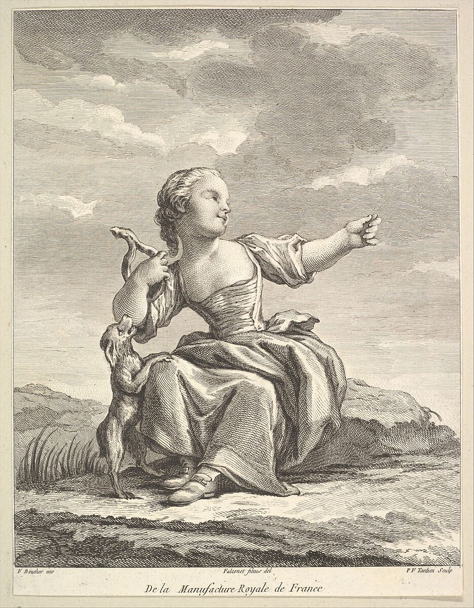 Little girl playing with a dog, from Deuxième Livre de Figures d'après les porcelaines de la Manufacture Royale de France (Second Book of Figures after porcelains from the Manufacture Royale de France), Pierre François Tardieu (French, Paris 1711–1771 Paris), Etching and engraving 