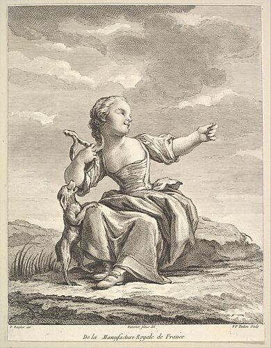 Little girl playing with a dog, from Deuxième Livre de Figures d'après les porcelaines de la Manufacture Royale de France (Second Book of Figures after porcelains from the Manufacture Royale de France)