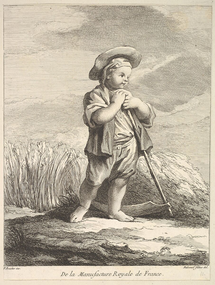 Little boy with a scythe, from Premier Livre de Figures d'après les porcelaines de la Manufacture Royale de France, inventées en 1757, par Mr. Boucher (First Book of Figures after porcelains from the Manufacture Royale de France, devised in 1757, by Mr. Boucher), Pierre Etienne Falconet (French, Paris 1741–1791 Paris), Etching and engraving 