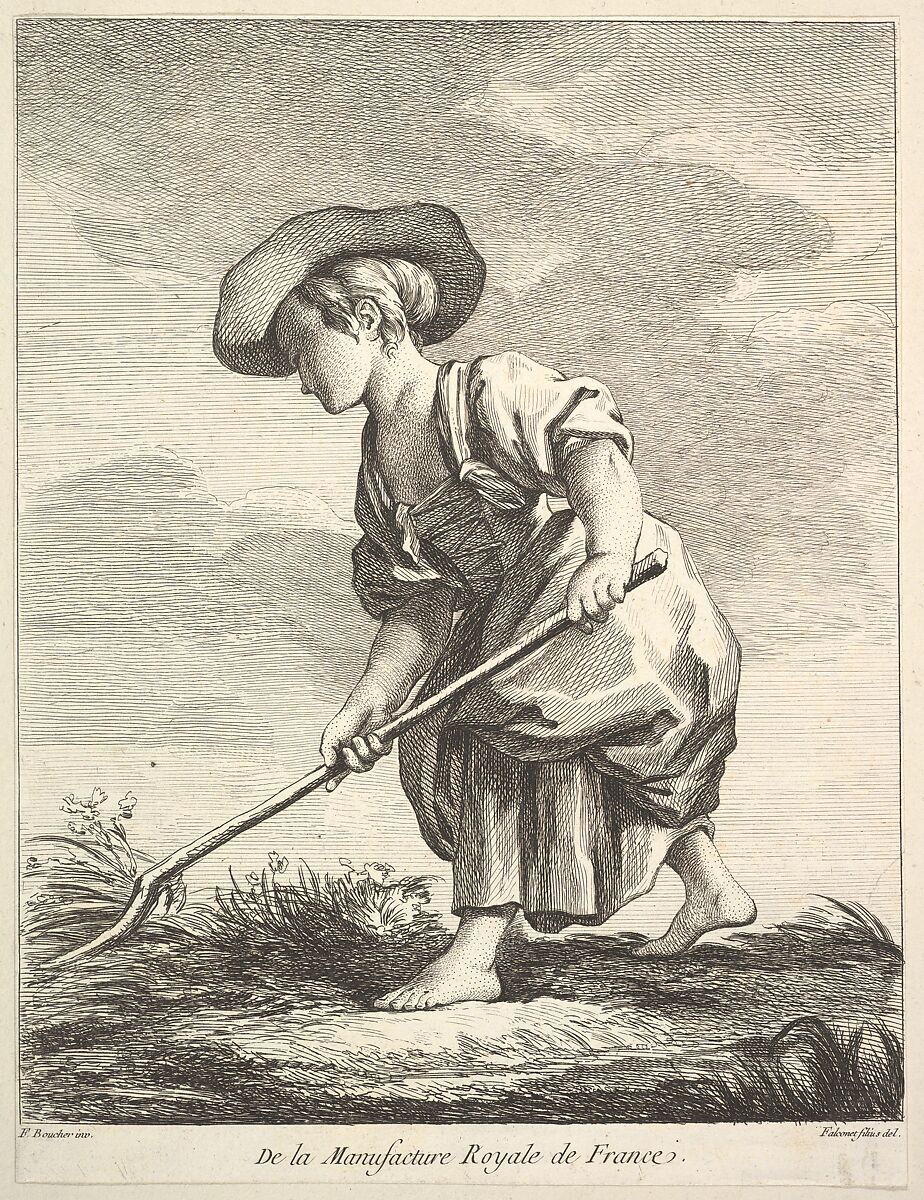 Little girl doing farm work, from "Premier Livre de Figures d'après les porcelaines de la Manufacture Royale de France, inventées en 1757, par Mr. Boucher" (First Book of Figures after porcelains from the Manufacture Royale de France, devised in 1757, by Mr. Boucher), Pierre Etienne Falconet (French, Paris 1741–1791 Paris), Etching and engraving 