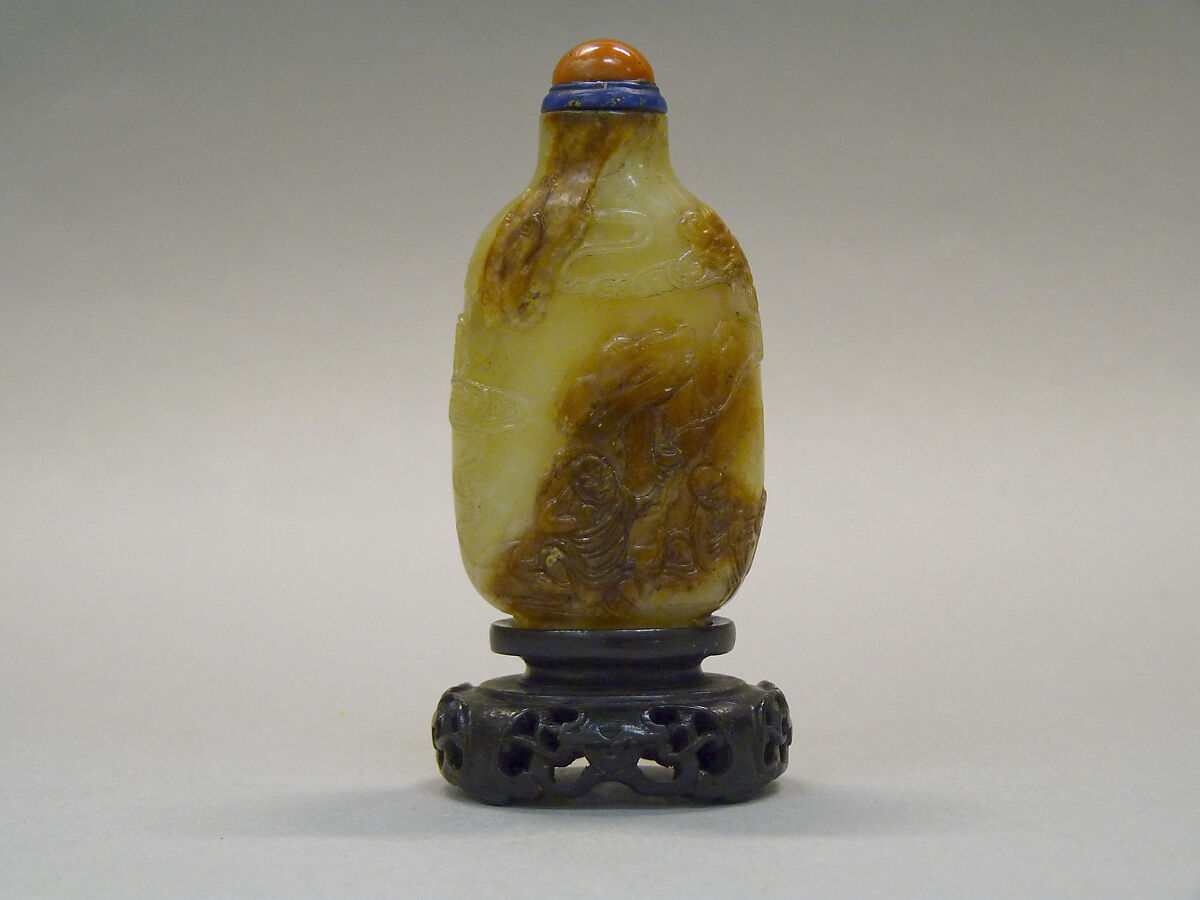 Snuff Bottle, Yellow and matrix nephrite with lapis lazuli and coral stopper, China 