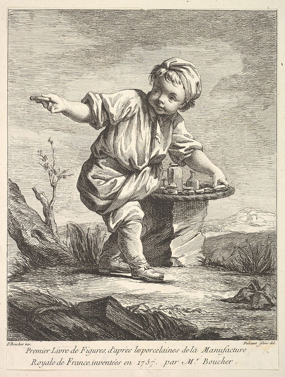 Frontispiece with litte boy holding a basket, from Premier Livre de Figures d'après les porcelaines de la Manufacture Royale de France, inventées en 1757, par Mr. Boucher (First Book of Figures after porcelains from the Manufacture Royale de France, devised in 1757, by Mr. Boucher), Pierre Etienne Falconet (French, Paris 1741–1791 Paris), Etching and engraving 