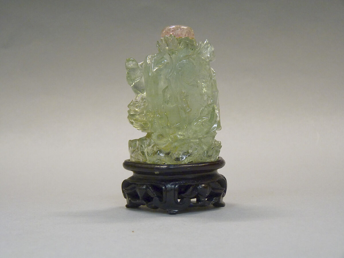 Snuff Bottle, Aquamarine with pink tourmaline stopper and stand, China 
