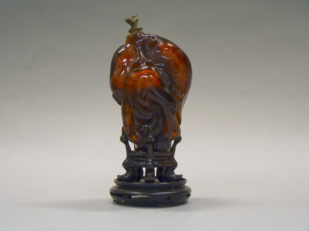 Snuff Bottle with Stopper, Burmese amber with wood stopper and stand, China 