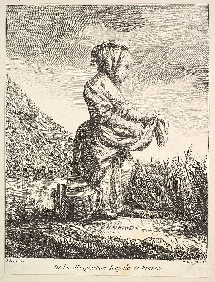 Little girl with a vessel by her feet, from Premier Livre de Figures d'après les porcelaines de la Manufacture Royale de France, inventées en 1757, par Mr. Boucher (First Book of Figures after porcelains from the Manufacture Royale de France, devised in 1757, by Mr. Boucher), Pierre Etienne Falconet (French, Paris 1741–1791 Paris), Etching and engraving 