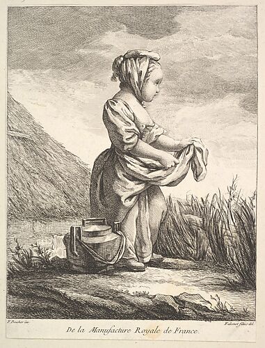 Little girl with a vessel by her feet, from Premier Livre de Figures d'après les porcelaines de la Manufacture Royale de France, inventées en 1757, par Mr. Boucher (First Book of Figures after porcelains from the Manufacture Royale de France, devised in 1757, by Mr. Boucher)