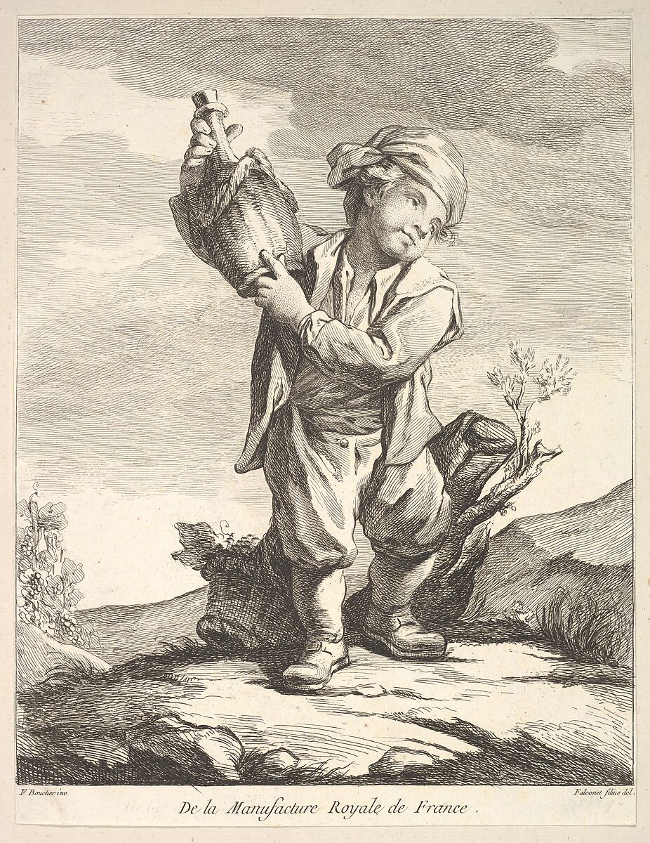 Little boy holding a vessel, from "Premier Livre de Figures d'après les porcelaines de la Manufacture Royale de France, inventées en 1757, par Mr. Boucher" (First Book of Figures after porcelains from the Manufacture Royale de France, devised in 1757, by Mr. Boucher), Pierre Etienne Falconet (French, Paris 1741–1791 Paris), Etching and engraving 