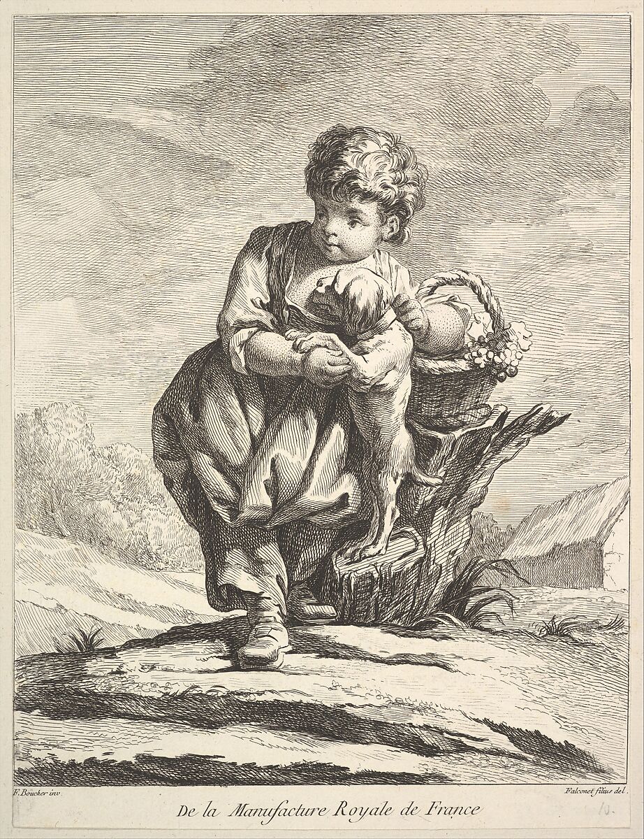 Child with a dog, holding a basket of grapes, from Premier Livre de Figures d'après les porcelaines de la Manufacture Royale de France, inventées en 1757, par Mr. Boucher (First Book of Figures after porcelains from the Manufacture Royale de France, devised in 1757, by Mr. Boucher), Pierre Etienne Falconet (French, Paris 1741–1791 Paris), Etching and engraving 