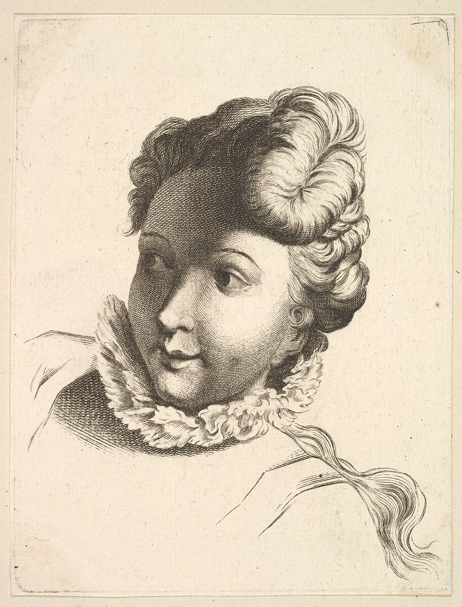 Head of a Woman Wearing a Ruff, from "Livre de Têtes Gravées d'apres F. Boucher et Autres" (Book of Heads Engraved after F. Boucher and Others), Anonymous, French, 18th century, Etching and engraving 