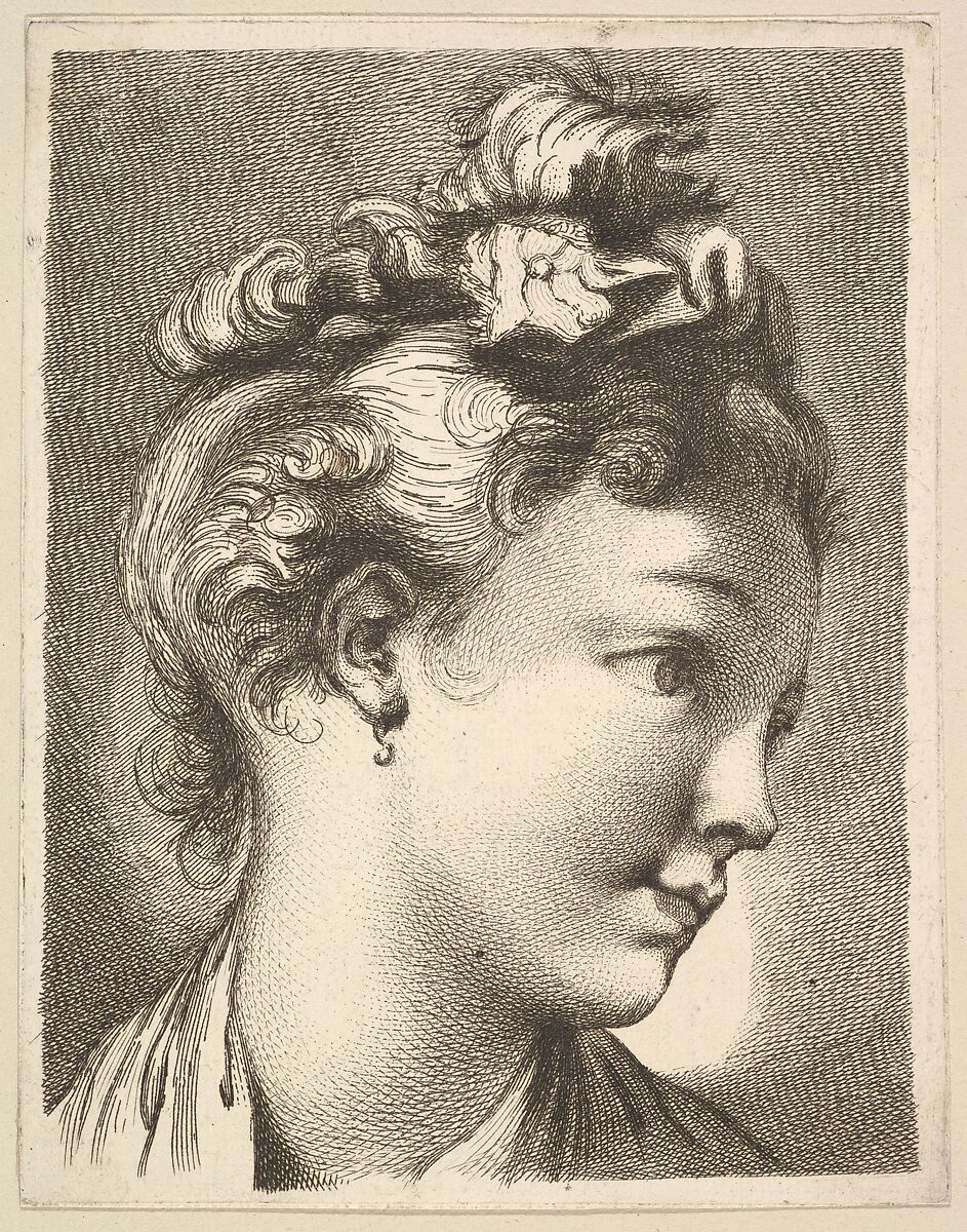 Head of a woman with her head turned to the left, from Livre de Têtes Gravées d'apres F. Boucher et Autres (Book of Heads Engraved after F. Boucher and Others), Anonymous, French, 18th century, Etching and engraving 