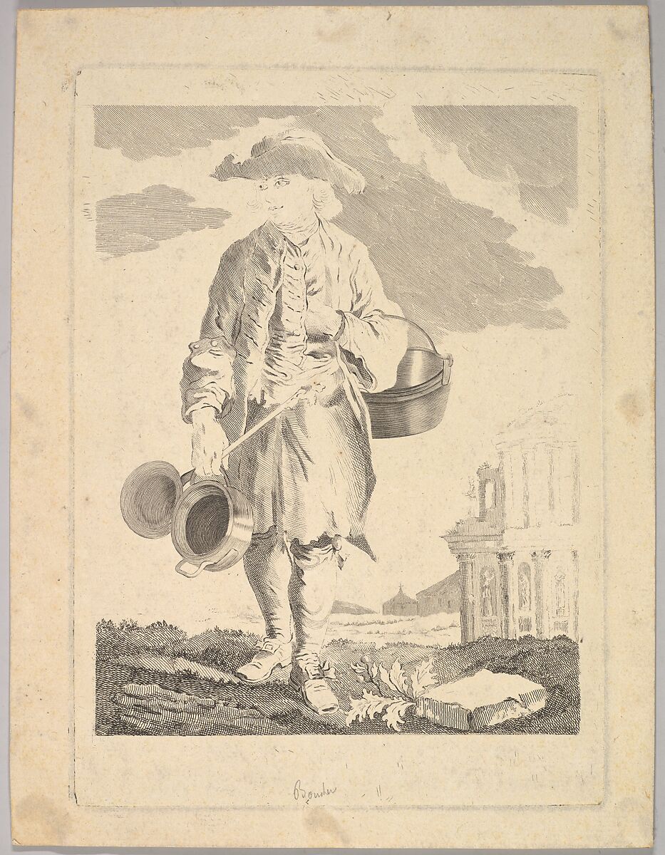 Standing man holding kettles, Anonymous, French, 18th century, Etching 