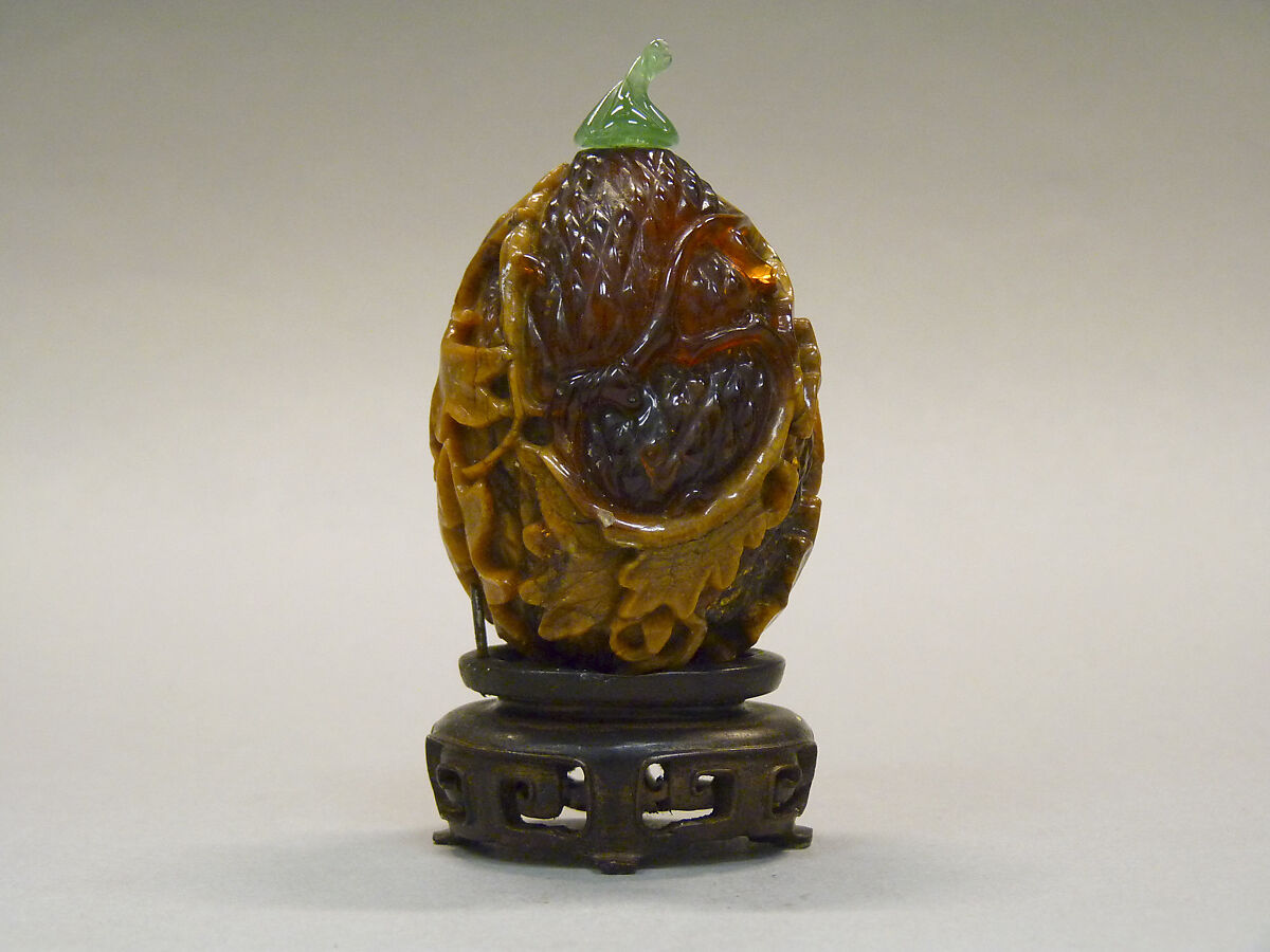 Snuff Bottle, Old amber with green glass stopper, wood stand, China 
