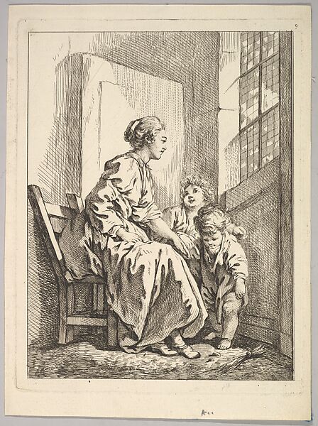 Woman Seated Before a Window, with Two Children at her Knee, Anonymous, Etching 