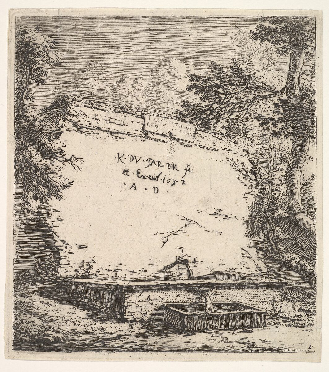 Frontispiece with stepped fountain; a stone wall with water spout pouring water into a rectilinear basin, from which a second spout pours water into a smaller rectilinear basin, flanked by tree branches, Karel Dujardin (Dutch, Amsterdam 1622–1678 Venice), Etching 