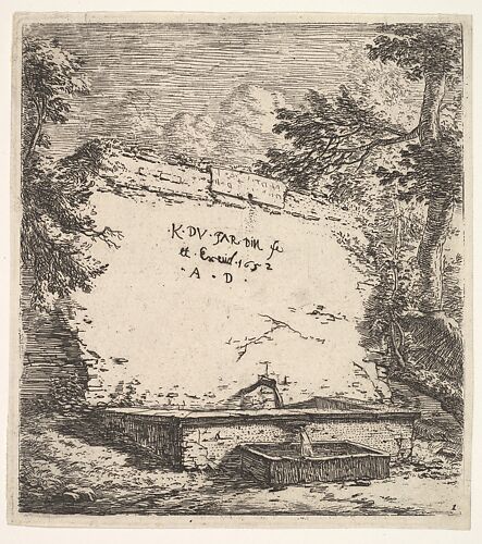 Frontispiece with stepped fountain; a stone wall with water spout pouring water into a rectilinear basin, from which a second spout pours water into a smaller rectilinear basin, flanked by tree branches