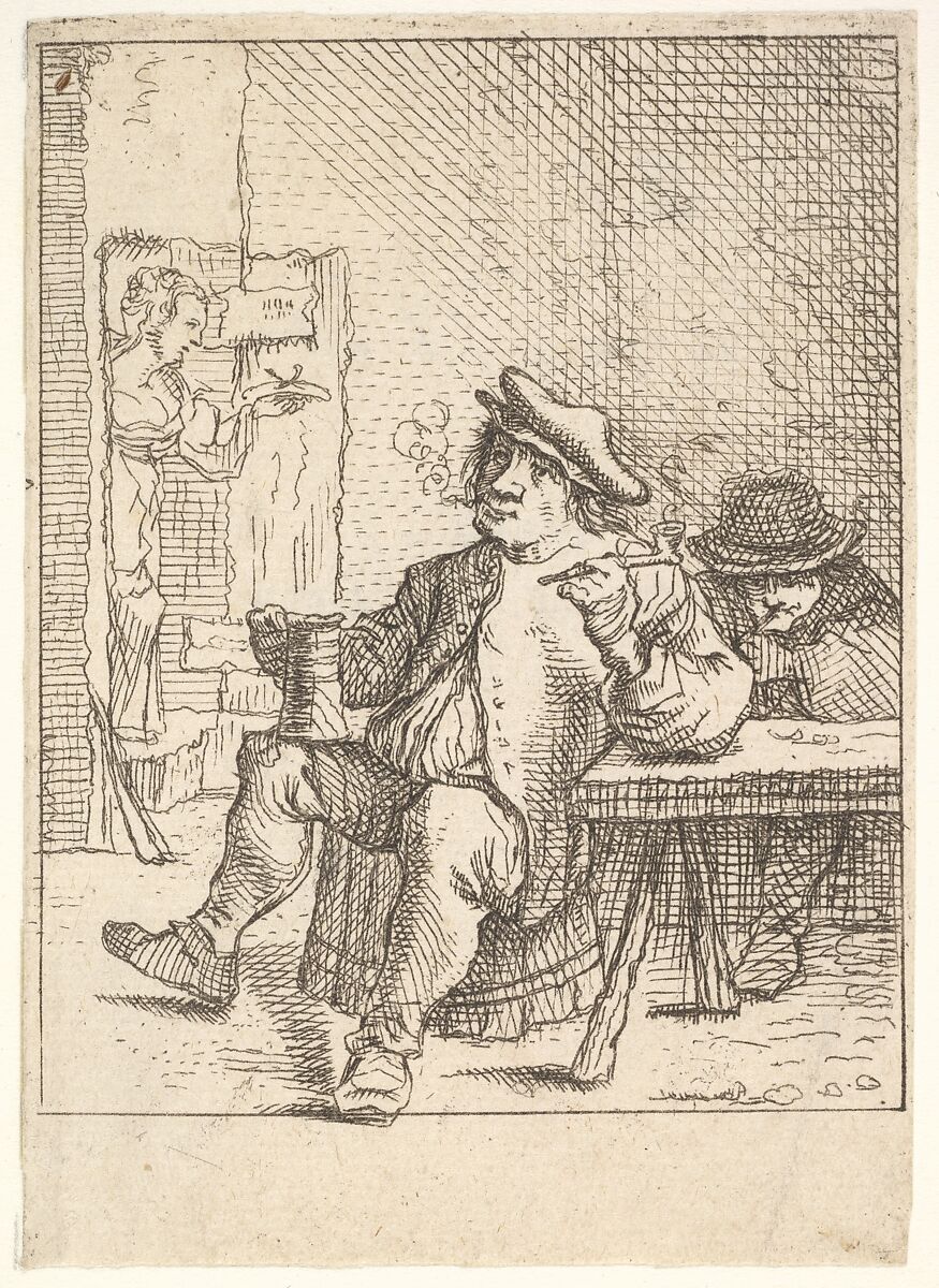 Male peasant smoking a pipe and holding a drinking cup, his left elbow resting on a table, another man seated at the table, a waitress walking through a doorway beyond, after a series of four prints showing peasants by David Teniers the Younger, after David Teniers the Younger (Flemish, Antwerp 1610–1690 Brussels), Etching 