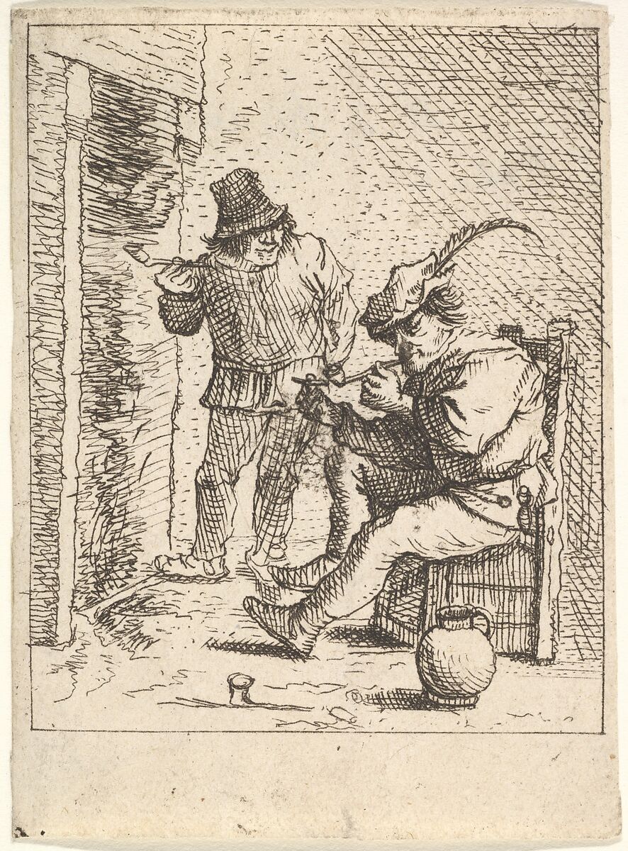 Two male peasants holding pipes before a fireplace, one seated with the pipe held to his mouth, to his left the other stands with the pipe in his right hand, after a series of four prints of peasants by David Teniers the Younger, After David Teniers the Younger (Flemish, Antwerp 1610–1690 Brussels), Etching 