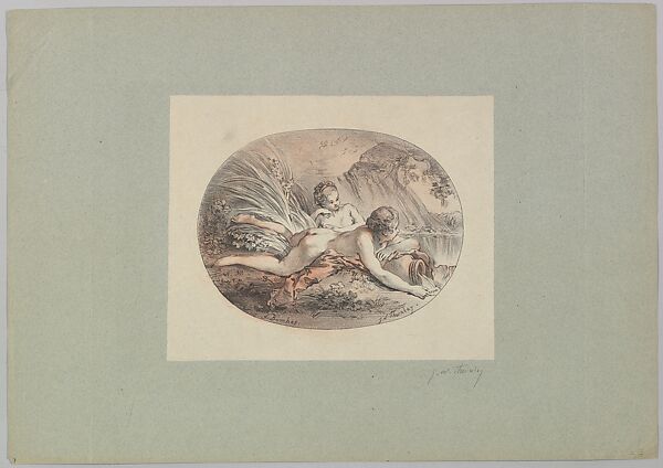 Woman Reclining upon a Jar from which Water is Pouring, George William Thornley (French, 1857–1935), Colored lithograph 