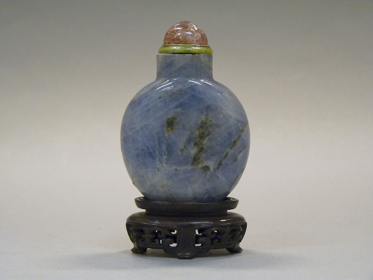 Snuff Bottle, Sapphire with pink glass stopper, China 