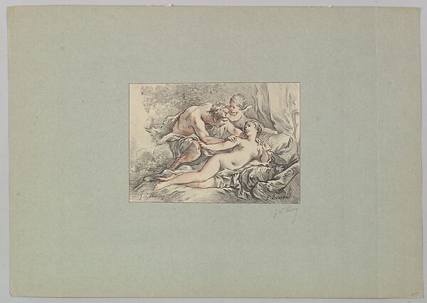 Satyr Attacking a Nymph Repulsed by Cupid, George William Thornley (French, 1857–1935), Colored lithograph 