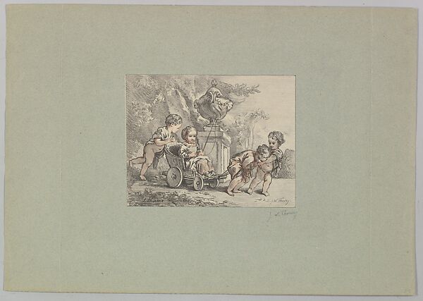 Four Children Playing with a Child's Carriage, George William Thornley (French, 1857–1935), Colored lithograph 