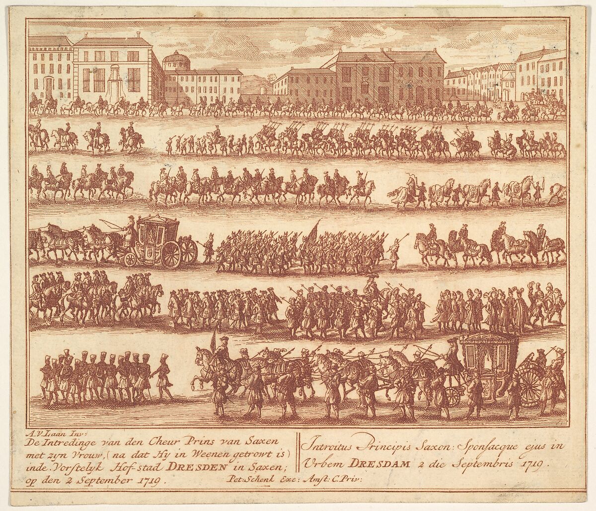 Entry of the Prince of Saxony with his Wife into Dresden on September 2, 1719, after their Marriage in Vienna, Adolf van der Laan, Dutch, 1684–1755, Etching, printed in red-brown ink 