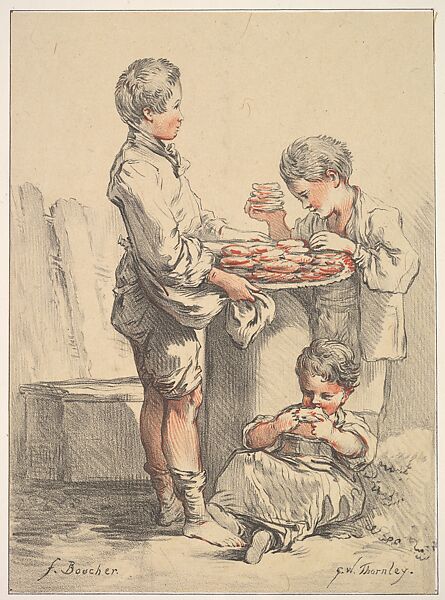 Three Boys with Pancakes, George William Thornley (French, 1857–1935), Colored lithograph 