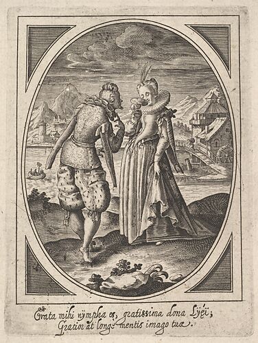 A man steps toward a woman who holds a goblet to her mouth, a watermill and mountains beyond, an oval composition