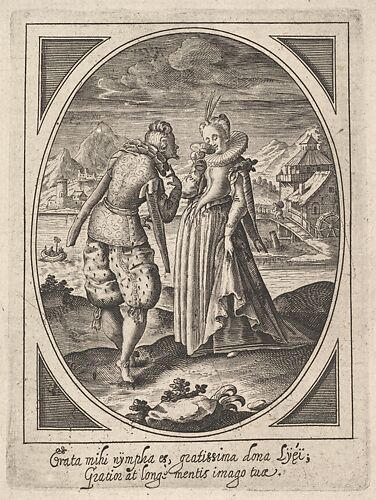 A man steps toward a woman who holds a goblet to her mouth, a watermill and mountains beyond