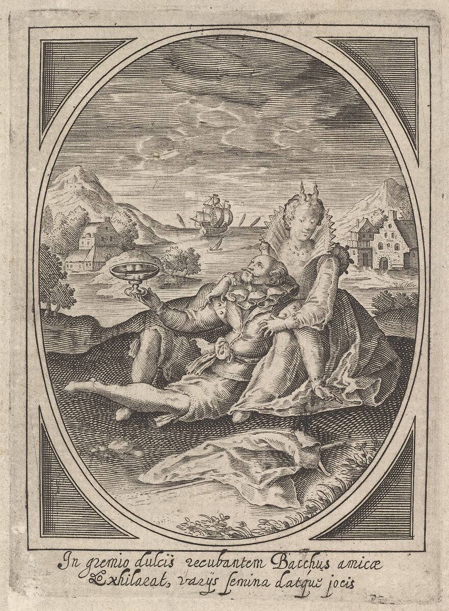 A couple seated on the ground, the man holding a goblet and reclining against the woman's leg, a ship at sea and landscape beyond, Heinrich Ulrich (German, 1567–1621), Engraving 