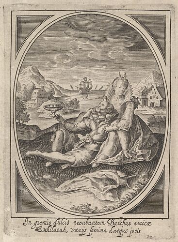 A couple seated on the ground, the man holding a goblet and reclining against the woman's leg, a ship at sea and landscape beyond